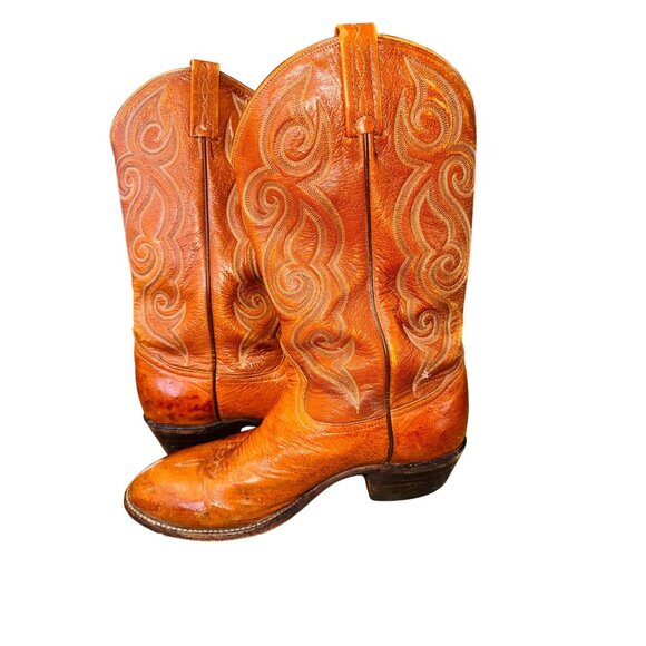 Vintage 90s Tony Lama Mens 8.5D Ostrich Cognac Leather Western Cowboy Boots main image 4